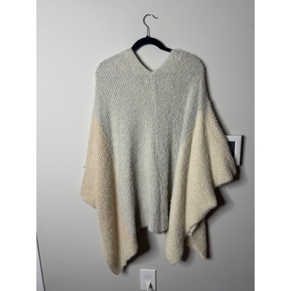 Saturday Sunday Beige Gray Fuzzy Knit Open Front Poncho Wrap Cardigan Sweater - Picture 3 of 4